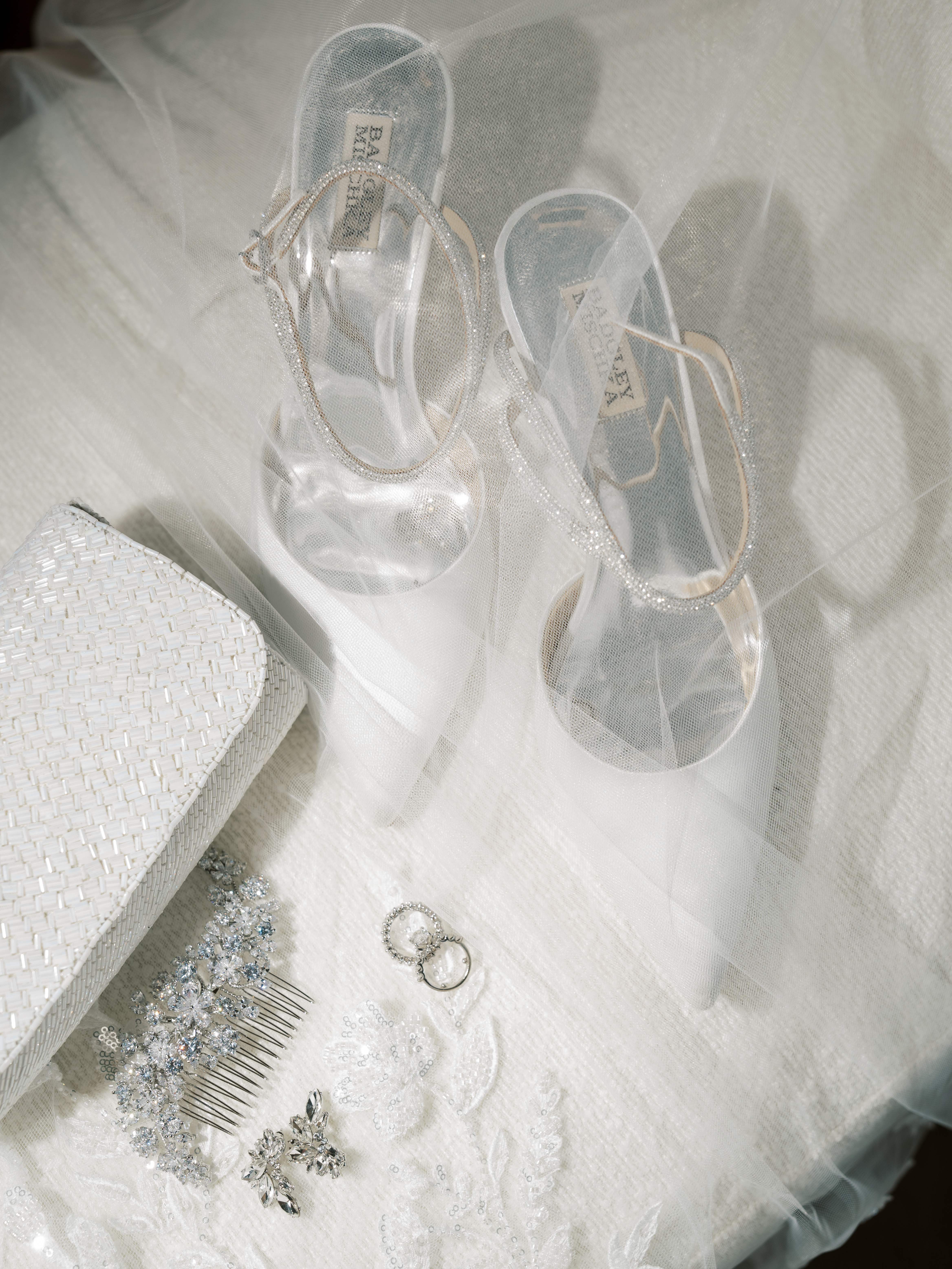 Bridal accessories including shoes, jewelry, and dress details