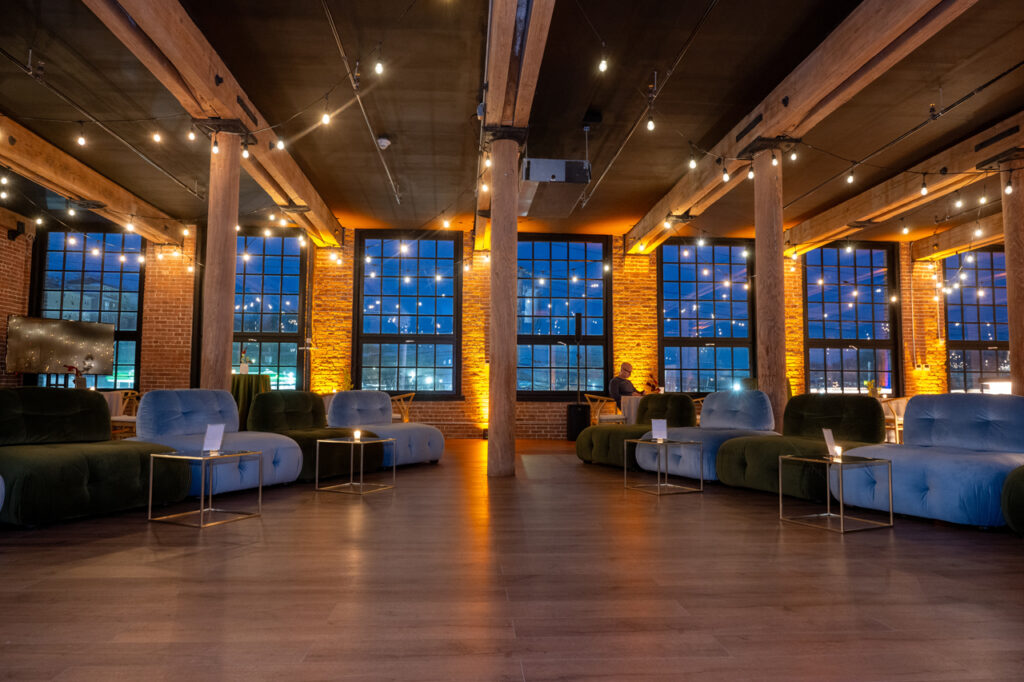 Cozy lounge area with industrial windows